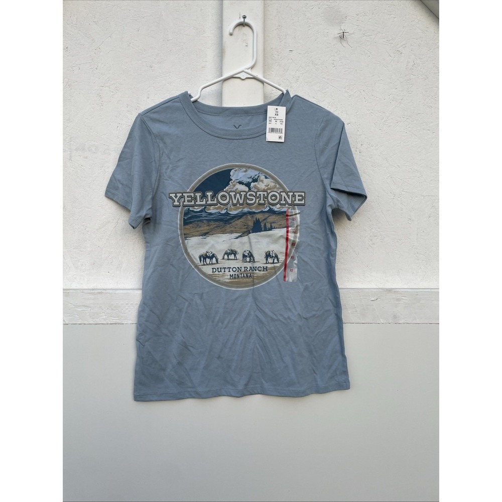 Yellowstone Women Top XS Blue Dutton Ranch Montana Horses Mountain Short Sleeve